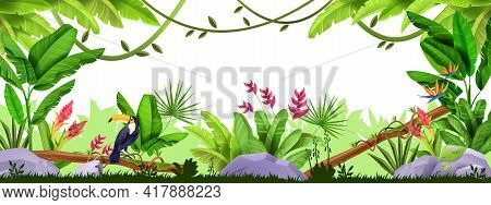 Jungle Vector Frame, Rainforest Exotic Border, Wildlife Tropical Nature Banner, Banana Leaves, Touca