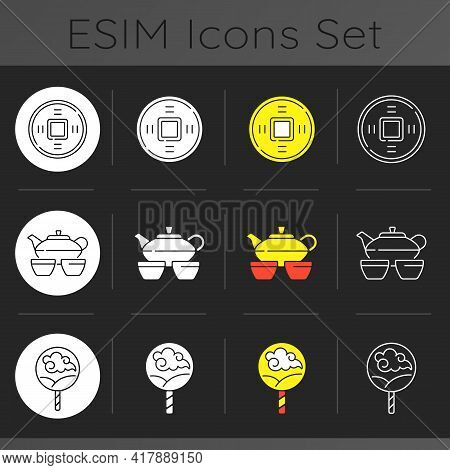 Asian Ceremonies Dark Theme Icons Set. Ancient Coinage. Tea Set. Hand Fan. Culture And History Of Ch