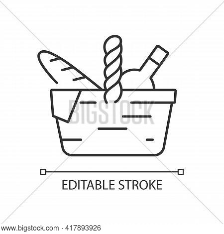Picnic Basket Linear Icon. Heaving Picnic Hamper. Holding Food And Tableware. Snacks Packing. Thin L