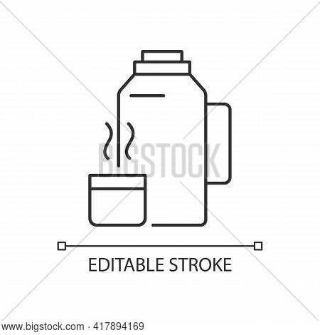 Vacuum Flask Linear Icon. Keeping Coffee And Tea Hot. Thermos Flask. Desired Temperature. Thin Line 