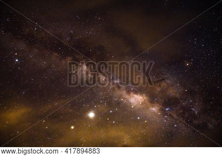 Landscape View With Milky Way Galaxy And Millon Star On The Sky In Night Time