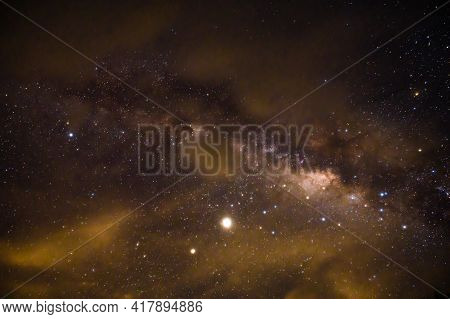 Landscape View With Milky Way Galaxy And Millon Star On The Sky In Night Time