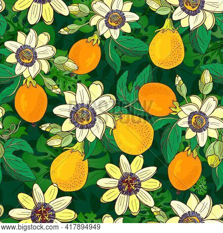 Passionflower Passiflora, Passion Fruit On A Dark Background.floral Seamless Pattern With Big Bright