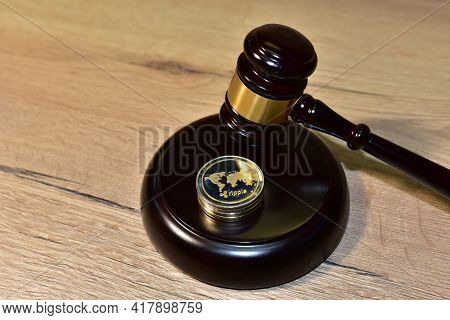 Judge Hammer And Xrp Crypto Coin. Justice Courtroom. Ripple Demands Bitcoin And Ethereum Docs From S