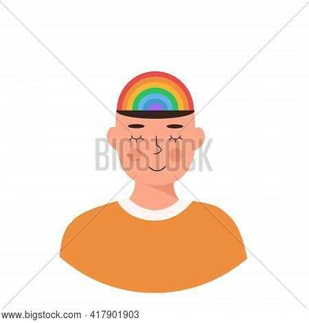 Male Happy Character With Montessori Style Rainbow On Head Vector Flat. Lgbt Man Or Woman With Close
