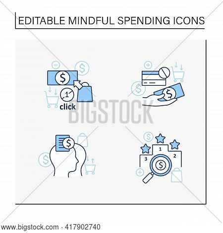 Mindful Spendings Line Icons Set. Rating, Accountability Partner, One Click Buying, Cash Using. Buyi