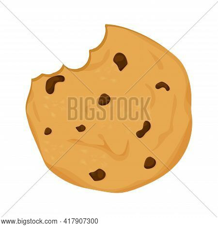 Cookie With Chocolate Crisps Bitten, Broken, Cookie Crumbs In Cartoon Flat Style Isolated On White B