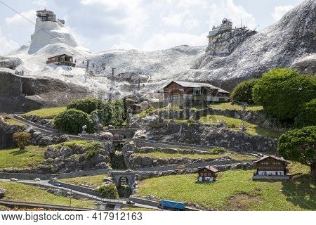 Melide / Switzerland - June 21, 2020: A View Of Swissminiatur, Open-air Miniature Park Placed In Mel