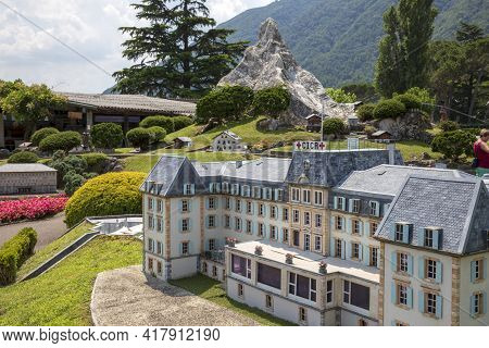 Melide / Switzerland - June 21, 2020: A View Of Swissminiatur, Open-air Miniature Park Placed In Mel