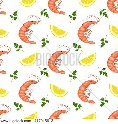 Seamless Pattern With Shrimps Or Prawns, Lemon Wedges And Parsley Leaves. Food Print For Textiles, P