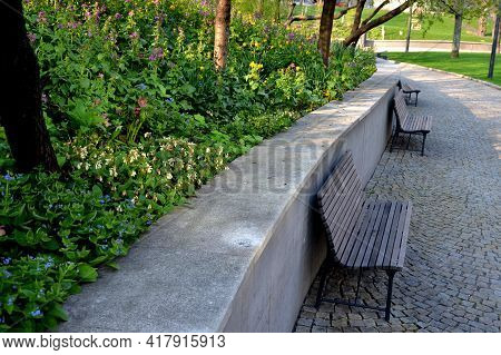Bench At A Retaining Wall In A Park Of Black Bushes Early Spring Perennials On A High Flowerbed Path