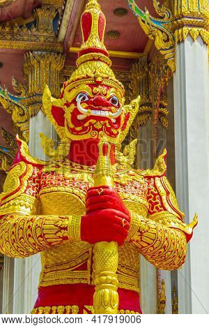 Temple Guardian Yaksha Wat Don Mueang Phra Arramluang Bangkok Thailand.