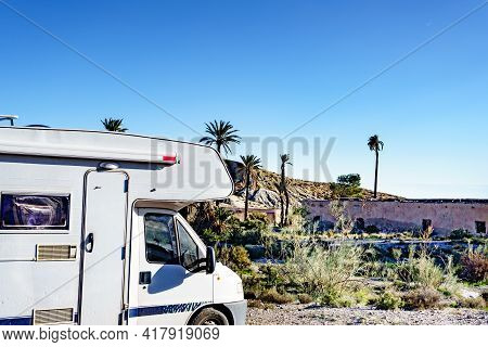 Caravan Camping At Movie Location El Chorrillo In Sierra Alhamilla, Spain. Tourist Attraction