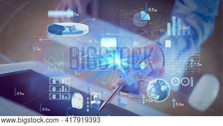 Composition of digital icons and data processing over man touching computer screen with pen. global technology and digital interface concept digitally generated image.