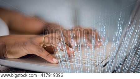 Composition of binary data processing over man typing on laptop keyboard. global technology and digital interface concept digitally generated image.
