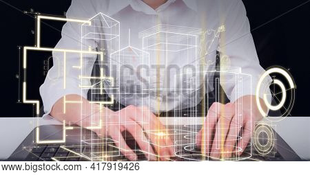 Composition of digital scopes over 3d architecture model over woman typing on computer keyboard. global technology and digital interface concept digitally generated image.