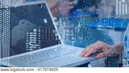 Composition of statistics with digital icons over man typing on laptop keyboard. global technology and digital interface concept digitally generated image.