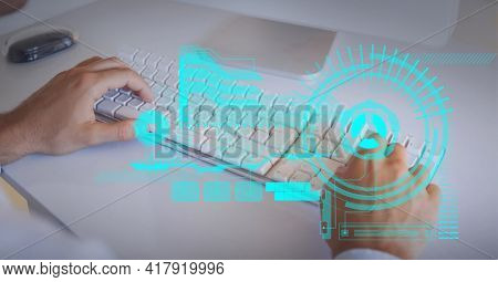 Composition of scope scanning and data processing over businessman typing on computer keyboard. global technology and digital interface concept digitally generated image.