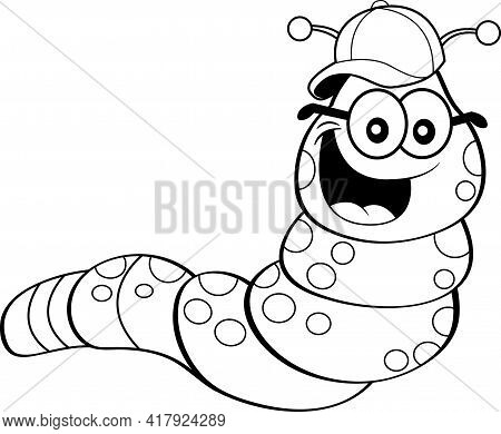 Black And White Illustration Of An Inchworm Wearing A Baseball Cap And Eyeglasses.