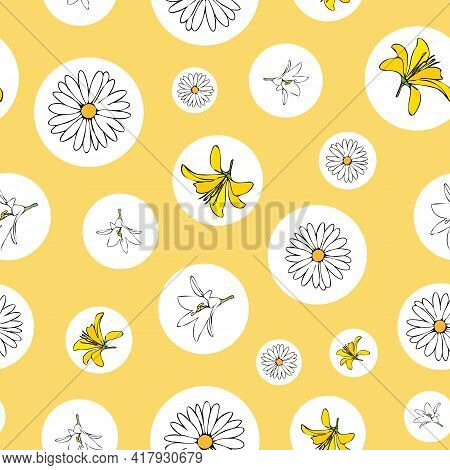 Vector Yellow Background White Yellow Lemony Floral Seamless Pattern. Daisies, Lilies, Crocus. Seaml