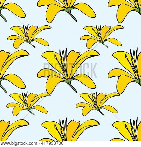 Vector Blue Background White Yellow Lemony Floral Seamless Pattern. Daisies, Lilies, Crocus. Seamles
