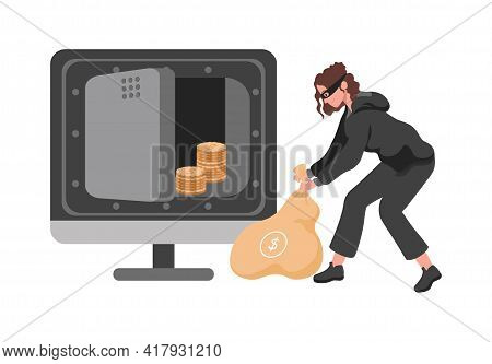 Thief Woman In Mask Stealing Money From Vault Vector Flat Illustration. Robber Or Burglar Female Cha