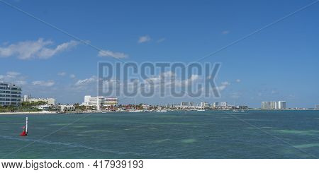 Ultramar Ferry Leaving To Isla Mujeres, View From The Boots Deck To Hotel Zone Cancun, Mexico
