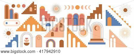 Moroccan Stairs, Arch, Walls, Arc Set Vector. Architecture Elements In Boho Style. Tunisian, Algeria