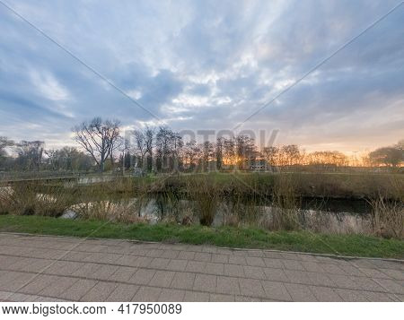 Sunrise On Radunia River In Pruszcz Gdanski, Poland.