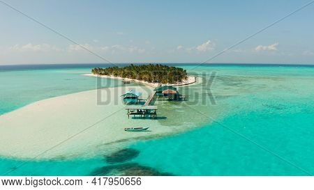 Travel Concept: Sandy Beach On A Tropical Island By Coral Reef Atoll From Above. Onok Island, Balaba
