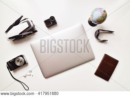 Flat Lay Holiday Lightweight Gadget Travel Set Up Isolated On White Table Background: Compact Camera