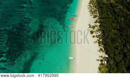 Sandy Tropical Beach With Tourists And Blue Clear Sea. Summer And Travel Vacation Concept. Boracay, 