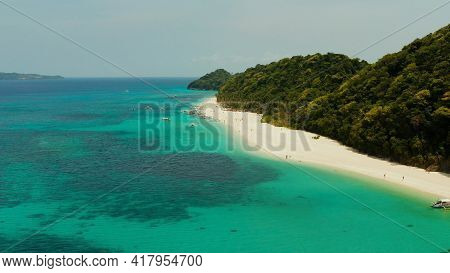 Sandy Tropical Beach With Tourists And Blue Clear Sea. Summer And Travel Vacation Concept. Boracay, 