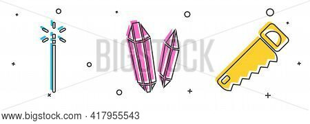 Set Magic Wand, Magic Stone And Hand Saw Icon. Vector