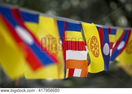 Tibetan Prayer Flags Blowing In Wind, Phongsali, Laos.