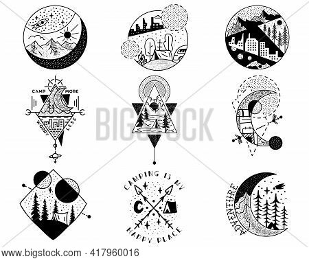 Camping Adventure Badges Set. Outdoor Crest Logos With Mountains, Tents And Trees. Travel Silhouette