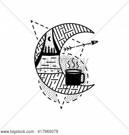 Camping Badge Design. Camping Crest Logo With Tent And Camp Mug. Travel Label Isolated. Sacred Geome