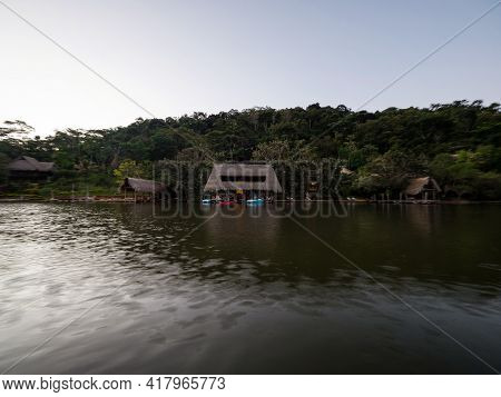Aerial Panorama View Of Amazon Tropical Rainforest Exotic Lush Jungle Eco Lodge Hotel Wooden Cabin S