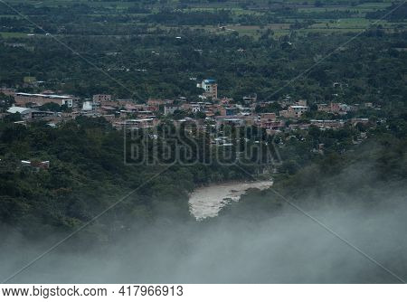 Aerial Panorama View Of Houses Buildings Of Amazon Rainforest Jungle Gateway City Town Tarapoto In P