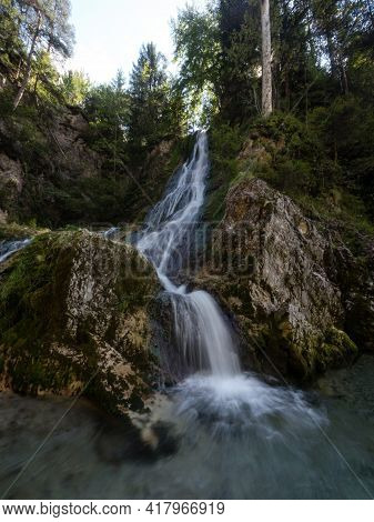 Long Exposure Of Hidden Secret Spot Waterfall In Orrido Dello Slizza Gailitz Canyon Gorge Near Tarvi