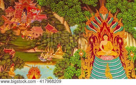 Colorful Wat Don Mueang Phra Arramluang Temple Art Paintings Thailand.
