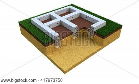 Poured Reinforced Cement Wall Foundation - Isolated Digital Industrial 3d Rendering