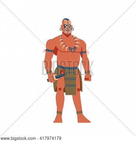 Warrior Of South America, Mayan, Aztec Or Inca. A Strong Aboriginal Warrior With A Knife Cartoon, Fl
