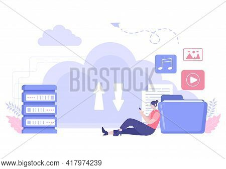 Cloud Backup Storage Illustration Of Computer System For Information Sharing, Hosting, Saving, Copyi