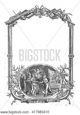 Printer's mark of the Leiden printer Johan Arnold Langerak, depicting Minerva who hands out a diploma with accompanying decorations to a young man.