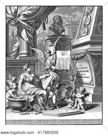 A woman writes on a table a text about the Roman emperor Caligula. Putti are playing around her. In the background is a statue with a portrait bust of Christina of Sweden.