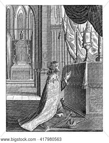 Emperor Maximilian I kneels before the Blessed Sacrament on the altar and becomes healthy again.