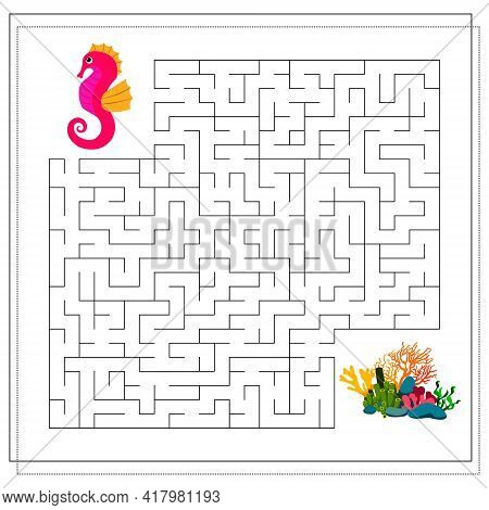 A Maze Game For Kids. Guide The Cartoon Sea Conic Through The Maze To The Corals. Vector Isolated On