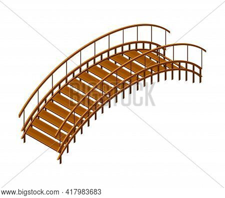 Curved Arch Wooden Bridge With Balustrade Railing Vector Illustration