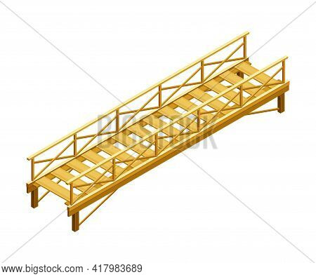 Straight Wooden Bridge With Balustrade Railing Vector Illustration
